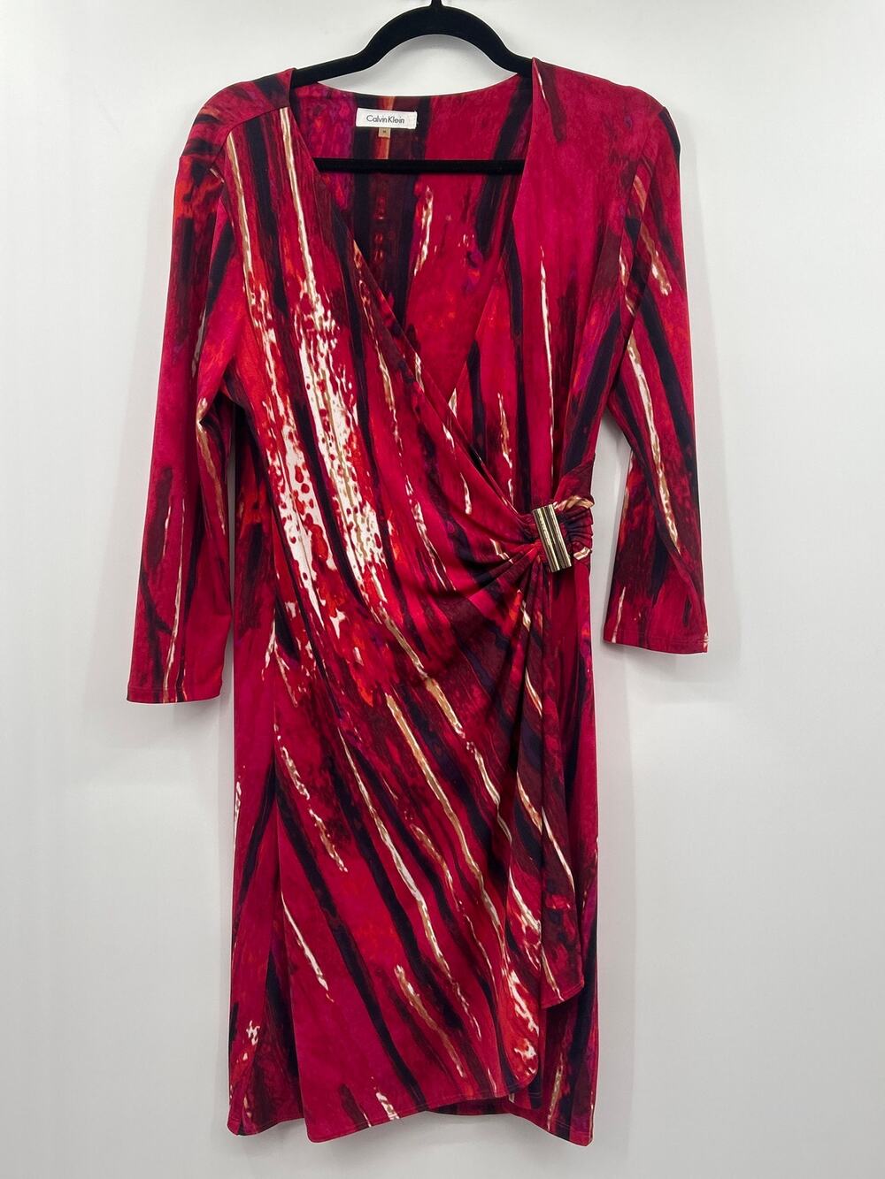 Calvin Klein Med Faux Wrap Dress Red Abstract Print 3/4 Sleeve Career Cocktail